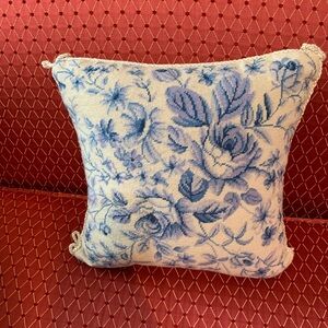 Vintage Needlepoint Floral Blue and White Decorative Pillow